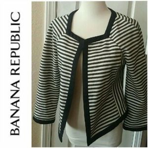 BANANA REPUBLIC BLAZER CROPPED TAILORED JACKET CREAM BLACK STRIPE SZ 10 WOMEN 10